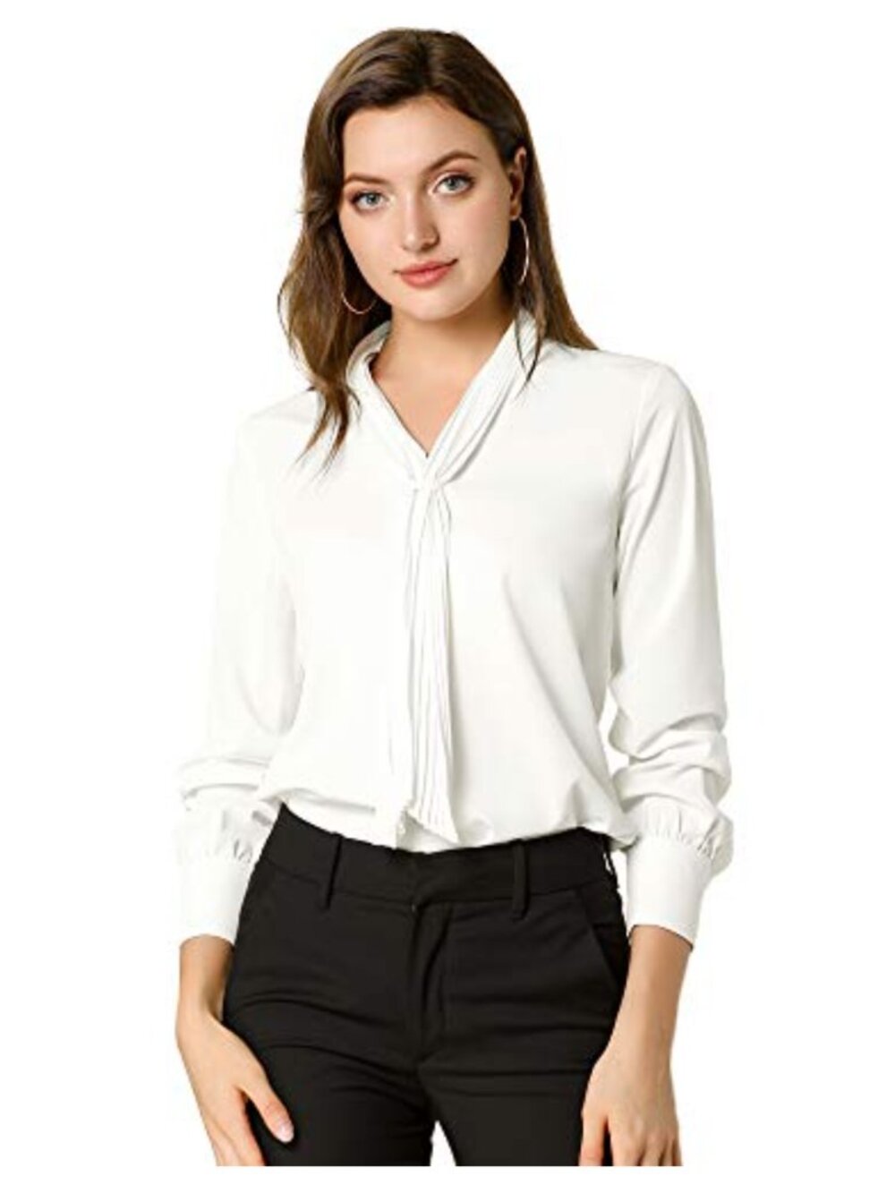 Women's Long Sleeve Chiffon Blouse Pleated Tie Neck Office Top
